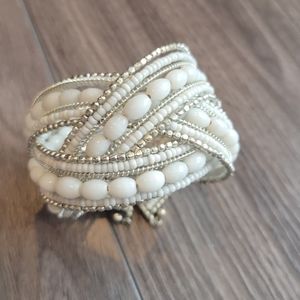 White and Silver Beaded Cuff Bracelet